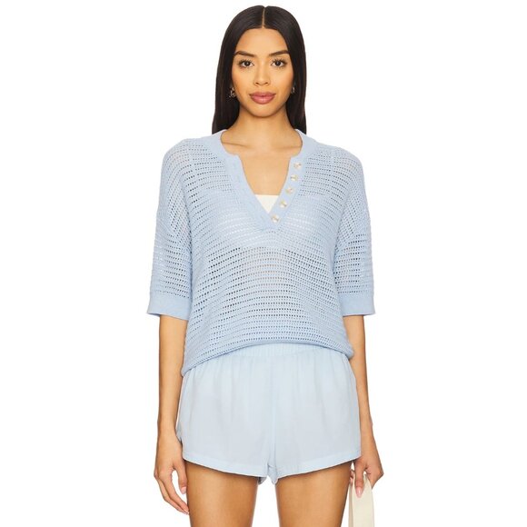 Varley Callie Pointelle Open Knit Top Womens Size L Blue Pullover Slouchy Cotton - Picture 1 of 10